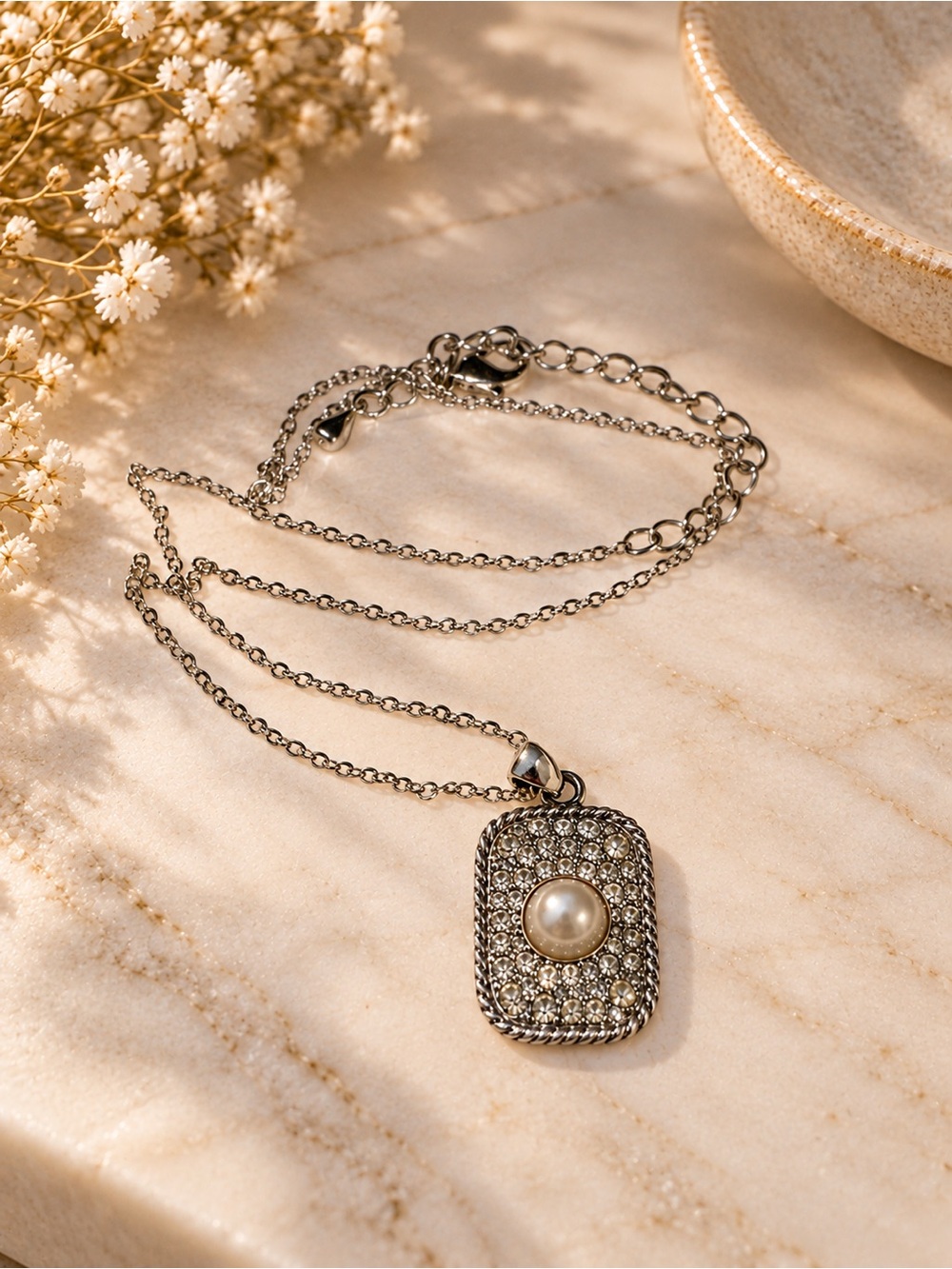 Classic Silver Pearl Pave Pendant Necklace